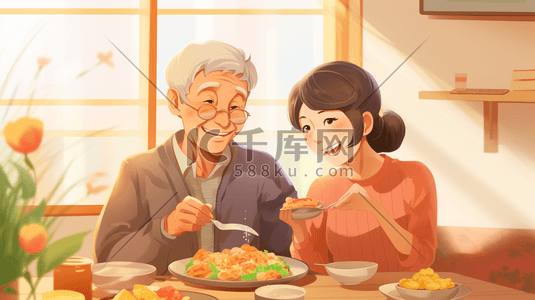 妈妈和爷爷一起用餐孝敬老人人物插画