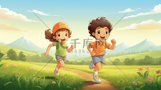 春季里田野奔跑的孩童孩子插画人物
