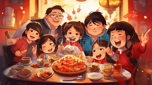家人团聚喜庆红色新年吃饭元旦手绘插画中国风美食聚餐人物