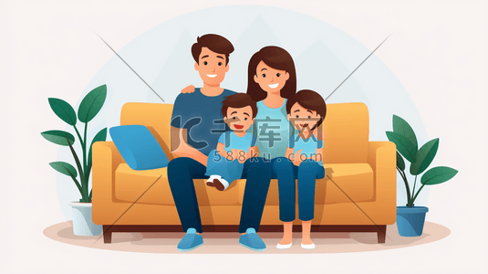 一家人爸爸妈妈父母孩子客厅沙发亲子欢聚时光阖家欢乐插画人物
