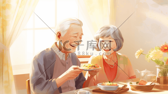 老年夫妻用餐聊天和谐插画人物