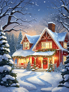 圣诞装饰小屋插画图片_红色小屋冬天圣诞装饰3