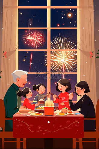 新年手绘插画团圆聚餐家人