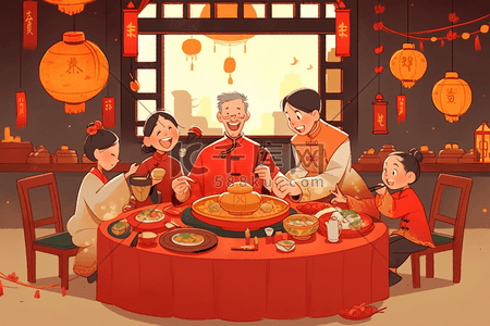 新年喜庆海报卡通插画图片_手绘新年团圆聚餐插画海报