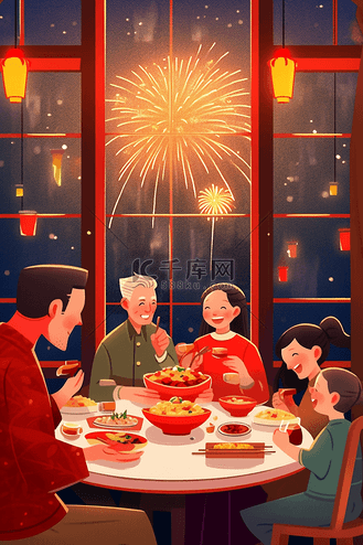 手绘插画新年团圆聚餐家人