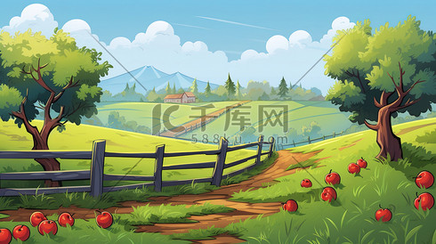 带围栏的苹果园卡通12