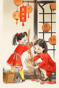 挂在墙上的玻璃插画图片_插画新年孩子扫除古典手绘