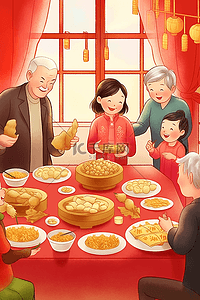 新年一家人手绘插画团圆包饺子