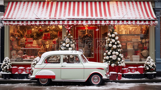 圣诞节汽车插画图片_圣诞装饰的商店复古汽车5