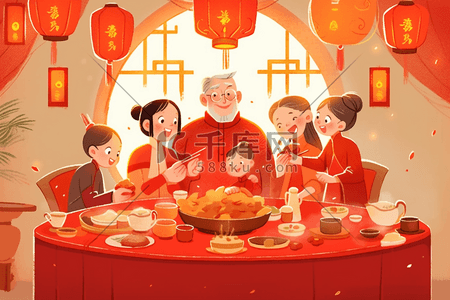 红色扇插画图片_团圆聚餐手绘新年插画海报
