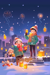 雪海报插画图片_新年手绘夜晚烟花插画海报