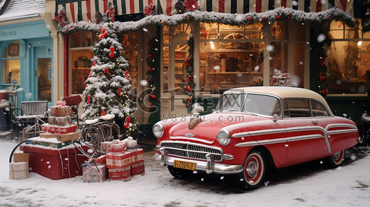 圣诞节汽车插画图片_圣诞装饰的商店复古汽车10