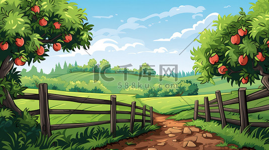 园艺围栏插画图片_带围栏的苹果园卡通4