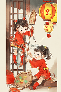 挂在墙上的玻璃插画图片_新年插画孩子扫除古典手绘