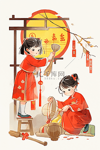 新年孩子扫除古典插画手绘