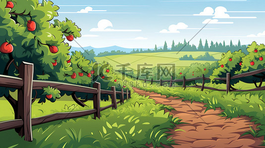 的水果插画图片_带围栏的苹果园卡通6