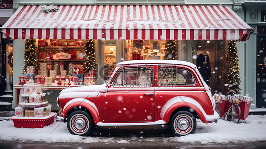 圣诞节汽车插画图片_圣诞装饰的商店复古汽车4