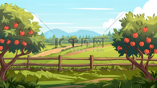 请勿跨越围栏插画图片_带围栏的苹果园卡通2