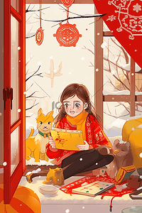 红色的地毯插画图片_新年可爱女孩插画手绘海报
