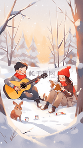 冬天户外情侣雪天插画手绘海报