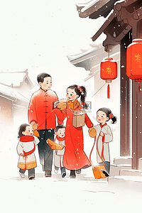 红色两个插画图片_国风送礼亲人手绘海报新年