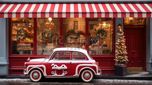 圣诞节汽车插画图片_圣诞装饰的商店复古汽车11