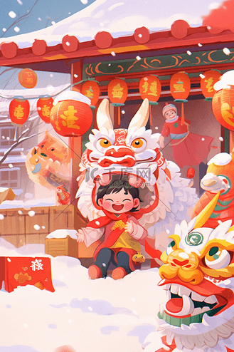 新年可爱孩子舞狮手绘插画
