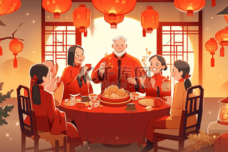 红色扇插画图片_新年聚餐团圆手绘插画海报