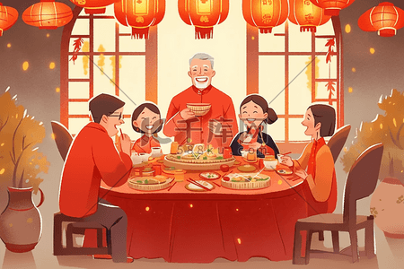新年喜庆海报卡通插画图片_新年团圆聚餐插画手绘海报