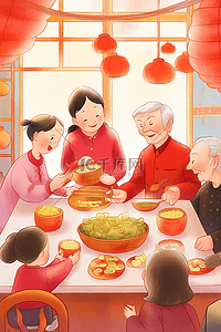 围挡简约画面插画图片_一家人团圆包饺子手绘插画新年