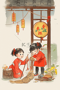 挂在墙上的玻璃插画图片_扫除新年孩子古典手绘插画