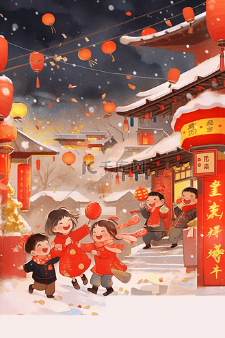 新年插画烟花孩子玩耍手绘海报