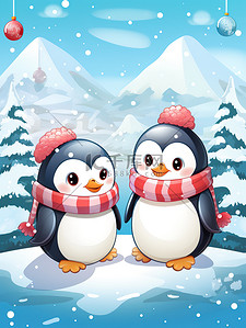 企鹅圣诞插画图片_戴着圣诞帽子的企鹅19