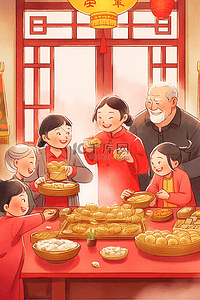 插画新年一家人团圆包饺子手绘