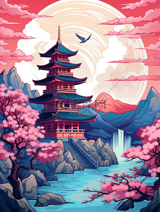 卡通企业vip免费下载插画浅红色古塔花朵山水插画5个人vip和企业vip