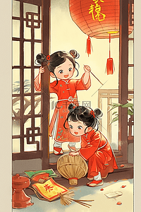 挂在墙上的玻璃插画图片_新年孩子手绘扫除古典插画