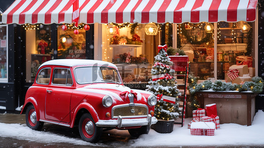 圣诞节汽车插画图片_圣诞装饰的商店复古汽车15