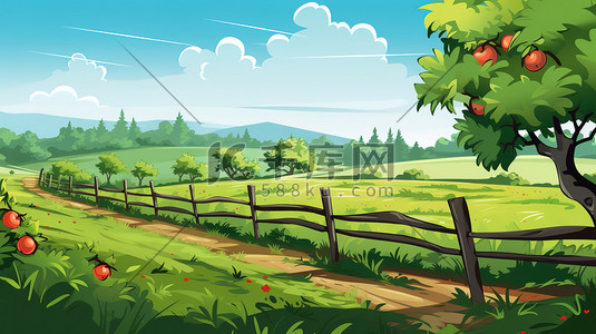 园艺围栏插画图片_带围栏的苹果园卡通1