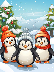 企鹅圣诞插画图片_戴着圣诞帽子的企鹅6