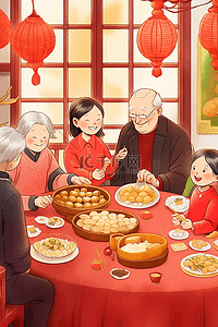 新年一家人团圆包饺子插画手绘