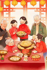 新年一家人手绘团圆包饺子插画