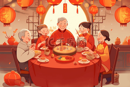 红色扇插画图片_团圆新年聚餐手绘插画海报
