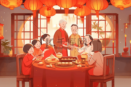 新年喜庆海报卡通插画图片_聚餐新年团圆手绘插画海报