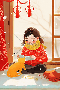 红色的地毯插画图片_可爱女孩插画手绘新年海报