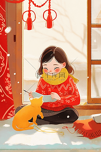 手绘窗花插画图片_可爱女孩插画手绘新年海报