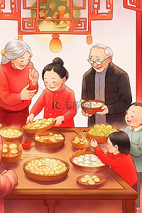 圆红色的插画图片_一家人团圆新年包饺子手绘插画