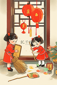 扫除插画图片_孩子扫除新年古典手绘插画