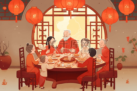 红色扇插画图片_新年团圆海报聚餐手绘插画
