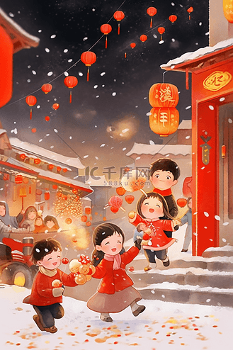 新年手绘插画烟花孩子玩耍海报