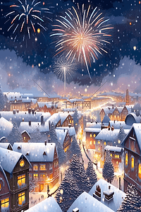 雪天的小镇插画图片_烟花小镇新年雪天手绘插画